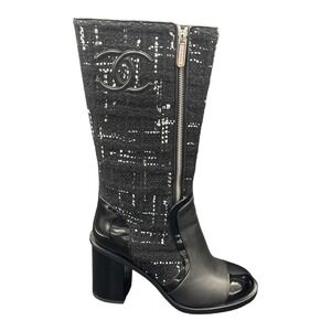 NIB $1800 CHANEL High Boots Black‎ Patent/Leather/Tweed 39.5 (US 8-8.5)